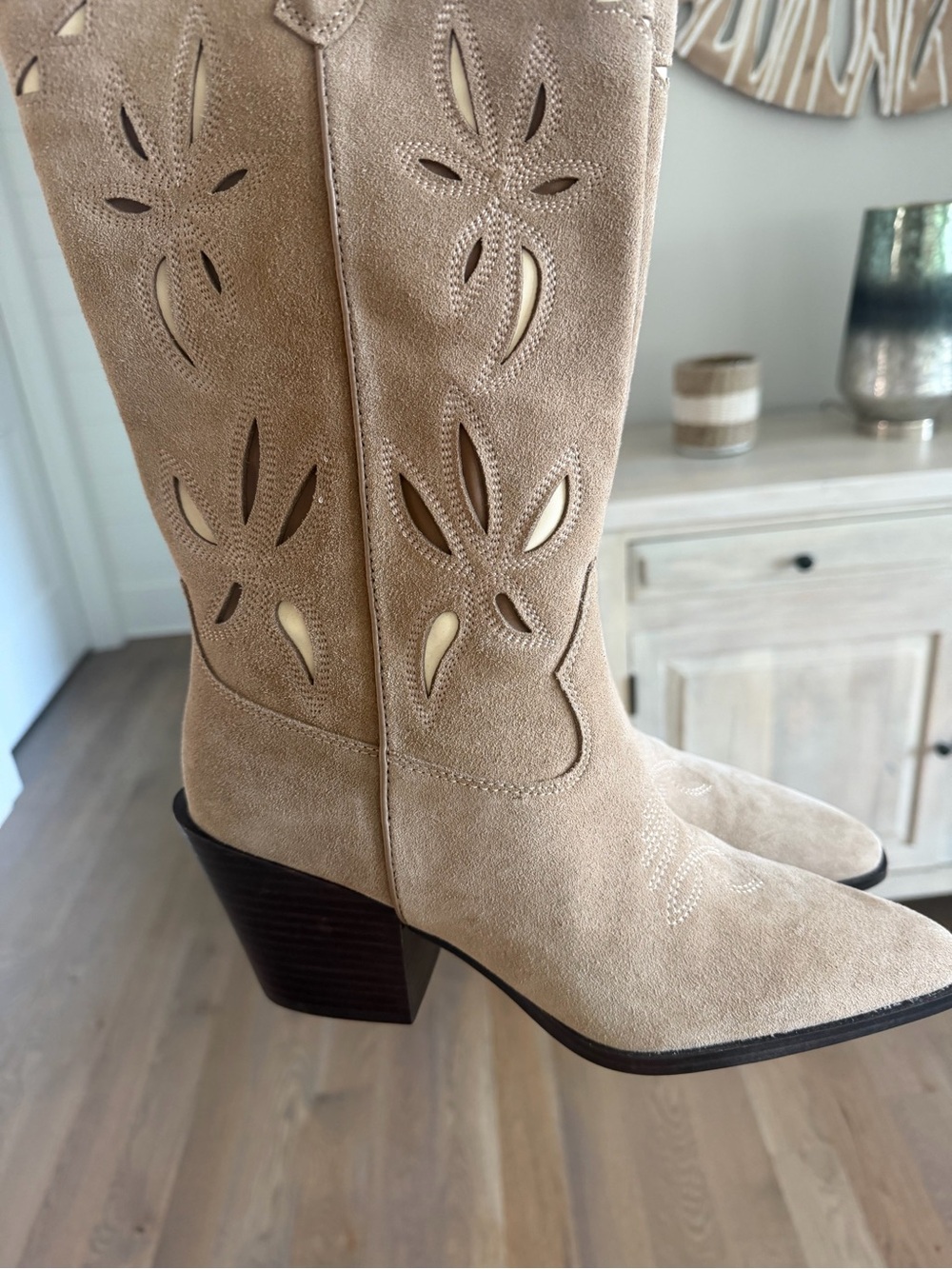 Sandler Beige Suede Cutout Western Heeled Boots